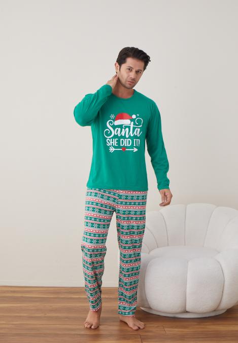 Pijama barbati Craciun "SANTA SHE DID IT" , maneca lunga ,pantaloni lungi,Culoare Verde,Engros